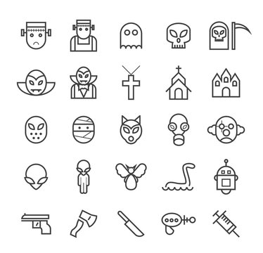 Set of Quality Universal Standard Minimal Simple Monsters Black Thin Line Icons on White Background