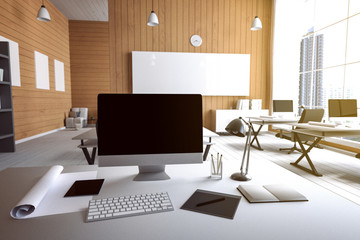 3D Rendering : illustration of modern interior Creative designer office desktop with PC computer.computer labs.working place of graphic design.close-up.Mock up.shiny floor.light from outside