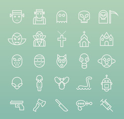 Set of Quality Universal Standard Minimal Simple Monsters White Thin Line Icons on White Background