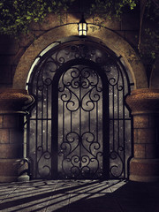 Baśniowa brama w zamku z lampą i bluszczem nocą © Obsidian Fantasy