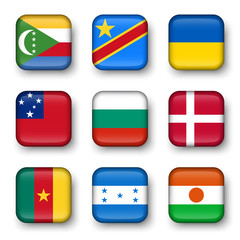 Set of world flags quadrangular badges ( Comoros . Democratic Republic of the Congo . Ukraine . Samoa , Bulgaria . Denmark . Cameroon . Honduras . Niger )