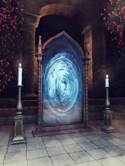 Baśniowe lustro w świątyni z różami i świecami © Obsidian Fantasy