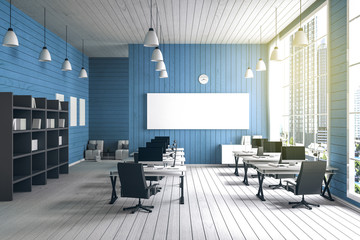 3D Rendering : illustration of modern interior Creative designer office desktop with PC computer.computer labs.working place of graphic design.close-up.Mock up.wood floor.light from outside
