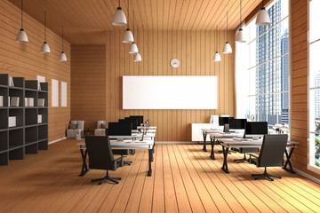 3D Rendering : illustration of modern interior Creative designer office desktop with PC computer.computer labs.working place of graphic design.close-up.Mock up.wood floor.light from outside