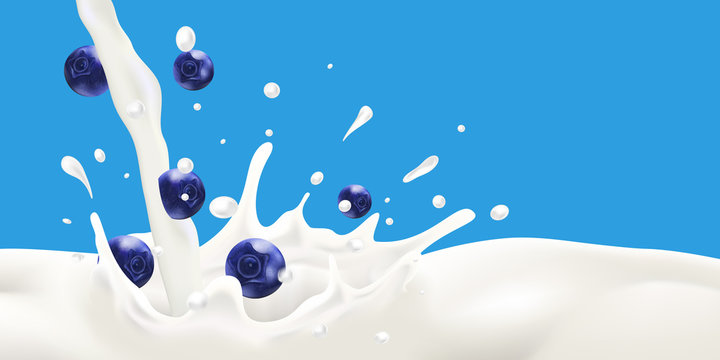 Milk wave and splash realistic vector illustration with falling blueberry