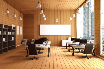 3D Rendering : illustration of modern interior Creative designer office desktop with PC computer.computer labs.working place of graphic design.close-up.Mock up.wood floor.light from outside