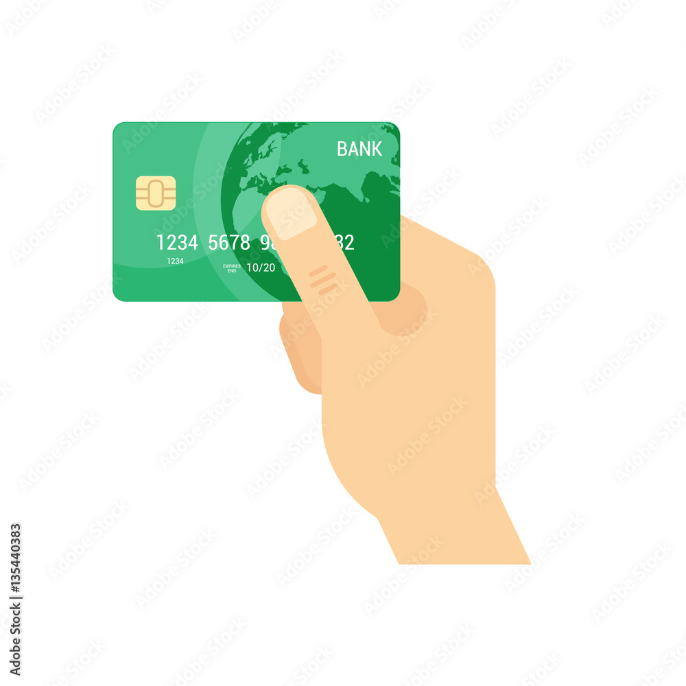 Wall mural Payment concept. Hand holding green Credit Card - vector isolated icon.