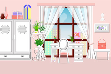The interior of the bedroom. The room is furnished - wardrobe, table, chair, flowers, window. Flat style. Vector illustration.