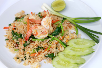 Delicious Shrimp fried rice. Unique style in the white dish on white background,  Thai food.