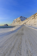 Winter road near Haukland on Lofoten archipelago, Nordland, Norway