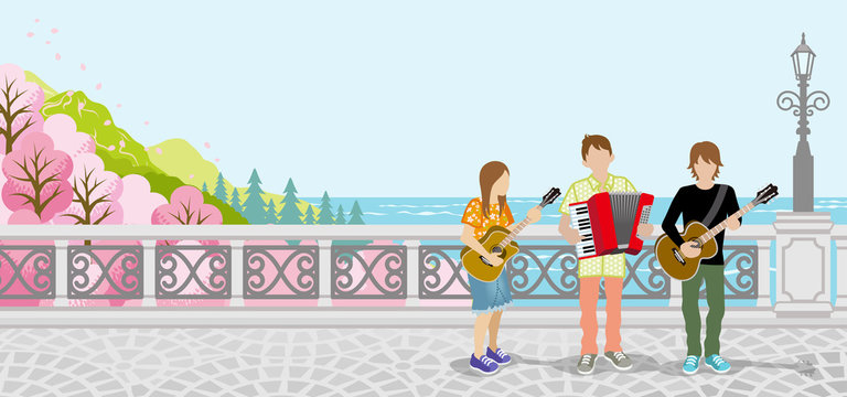 Three musicians in spring nature
