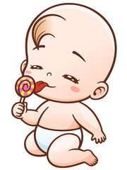 Vector Illustration of Cartoon Cute Baby happy eating sweet
