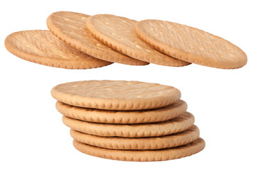 Stack of round biscuits, crackers isolated on white background