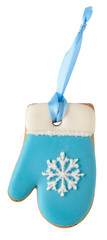Blue gingerbread mitten with snowflake isolated with clipping path on white background.