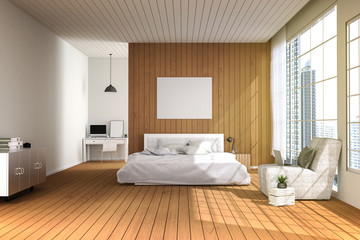 Fototapeta na wymiar 3D rendering : illustration of big spacious bedroom in soft light color.big comfortable double bed in elegant classic modern bedroom.interior design of house.modern wooden tile house
