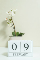 Closeup white wooden calendar with black 9 february word with white orchid flower on white wood desk and cream color wallpaper in room textured background in selective focus at the calendar