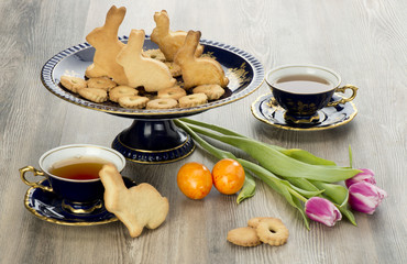 Easter homemade gingerbread cookies and tea cup
