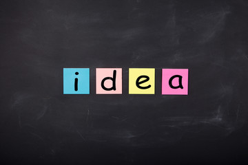 Word 'Idea' written on color stickers on the chalkboard