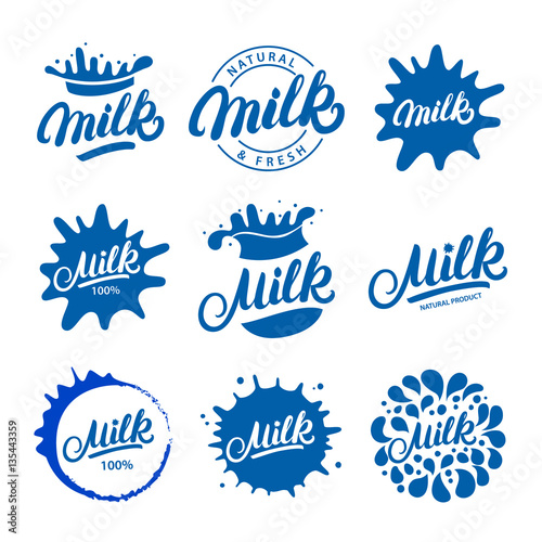 "Set of hand written lettering Milk logos, labels, badges, emblems with splashes." Stock image