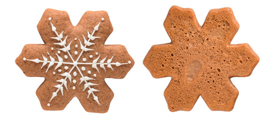 Christmas gingerbread snowflake isolated on white background. The front and bottom sides