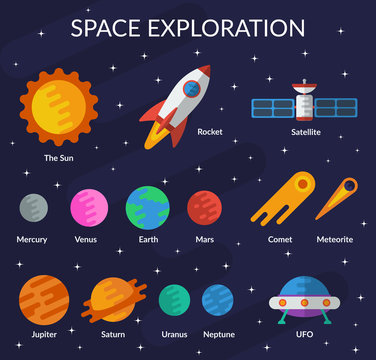 Space collection for you design. Planets, the sun, comet, meteorite, rocket, ufo, satellite Vector set in flat style