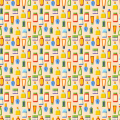 Cosmetics bottles vector seamless pattern illustration.