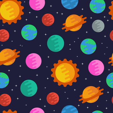 Space seamless pattern with planets, the sun and stars. Flat style. Vector illustartion.