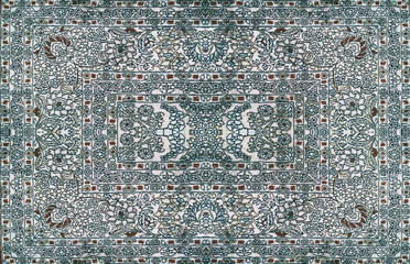 Fototapeta premium Persian Carpet Texture, abstract ornament. Round mandala pattern, Middle Eastern Traditional Carpet Fabric Texture. Turquoise milky blue grey brown yellow red