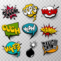 Fototapeta premium Set effects comic speech bubbles, comic text baloon. Bsng, boom, bam, oops, bomb