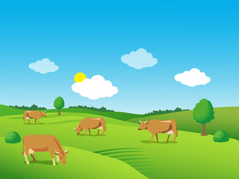 Green Meadow Growers. Green Meadow Farm. Landscape With Green Meadow And Cows. Beautiful Valley. Background For Label, Sticker, Print, Packing, Web. Green Meadow Under Blue Sky.