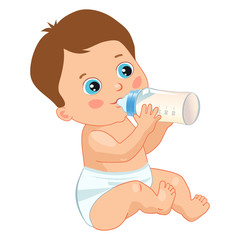 Baby Toddler. Infant Child Baby Toddler Sitting And Drinking From The Feeding Bottle. Cute Baby Boy Drinking Bottle. Vector Isolated On A White Background.
