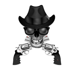 Skull in a hat, sunglasses and silver revolver. Isolated object, can be used with any image or text.