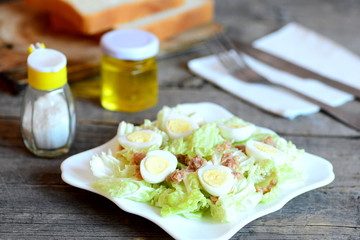 Salad with napa cabbage, quail eggs and canned tuna fish. Cabbage salad on a plate, fork, knife, olive oil bottle, salt shaker, bread pieces on vintage wooden table. Easy appetizer recipe. Closeup