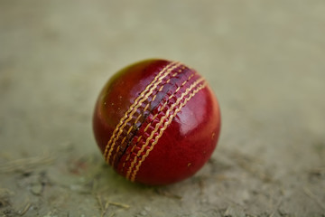 Close up Cricket ball on pitch with copy space