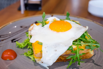 Toasted bread with fried egg, ham and lettuce