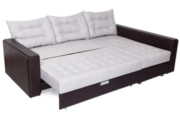 Folding sofa bed of white, full-size, armrests upholstered brown