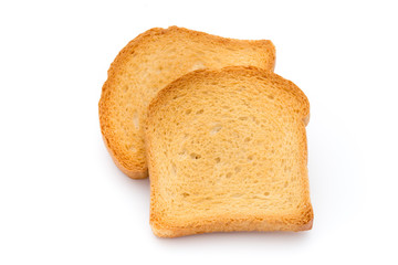 Slices of toast bread on wooden table, top view.