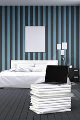 3D Rendering : illustration of close up of laptops in modern interior bedroom. close-up. Mock up. light from outside. frame mock up. blue and black bed room. white furniture. white book stacked