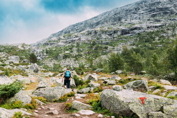 Naklejka premium Man goes on mountain hiking trail in Norway. Path to natural attractions of Trolltunga or Troll's tongue.