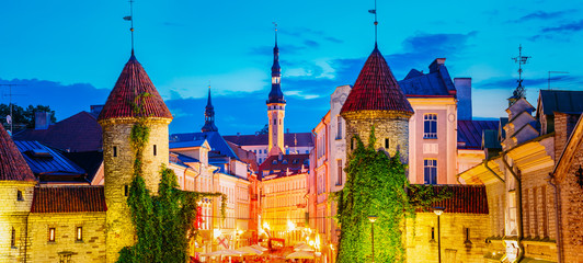 Tallinn, Estonia. Night View Of Viru Gate - Part Old Town Architecture Estonian Capital.
