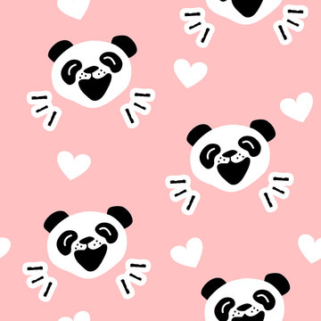Seamless pattern with funny panda and hearts on pink background. Vector.