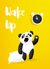 Cartoon panda with pillow wakes up. Good morning card with alarm clock and bear. Vector illustration.