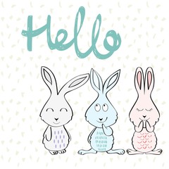 Card with cartoon rabbits in bright colors.