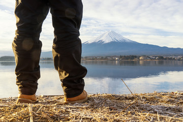 traveller stand to see mountain fuji and kawaguchiko lake - can use to display or montage on product