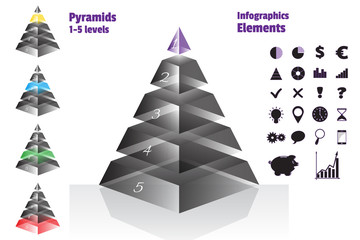 Purple set of isometry symmetrical pyramid charts, diagram 5 levels with glass texture. Elements infographics. Vector