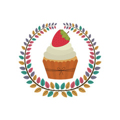 crown of leaves with cupcake with cream and strawberry vector illustration