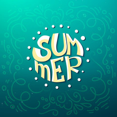 Hello Summer lettering on blue background