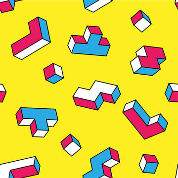White, blue, red tetris 3d blocks seamless pattern on yellow background. Vintage 80s style design. Clipping mask used.