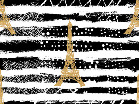 Eiffel Tower. Travel Paris seamless pattern. Vacation in Europe wallpaper. Visit France