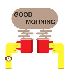 two hands hold red cups with coffee,good morning,fragrant steam,